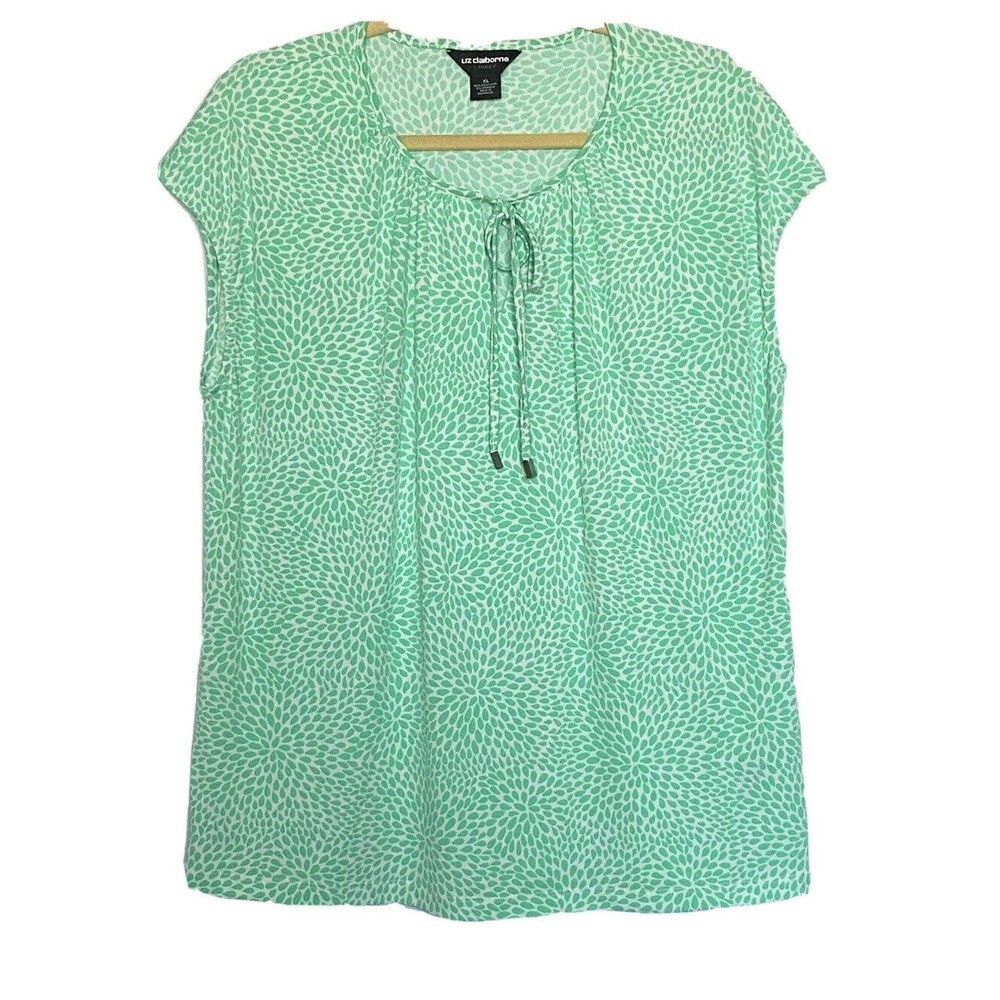 Liz Claiborne Mint Green Floral Print Tie Neck Tunic